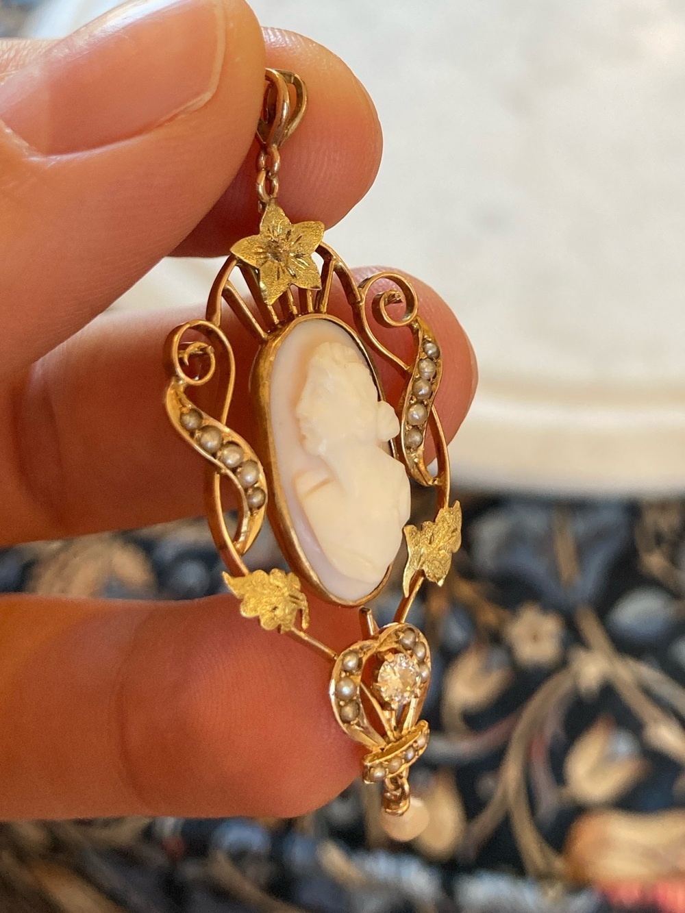 Antique Victorian 10K Diamond, Seed Pearl, Angel Skin Coral Carved Cameo Pendant - Picture 8 of 17